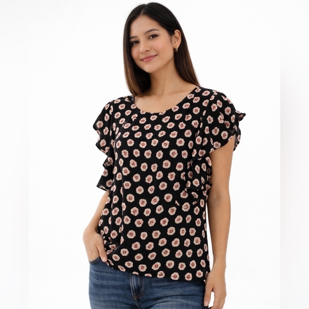 ELLE Women's Black Red White Floral Ruffle Cap Sleeve Blouse Top Size S